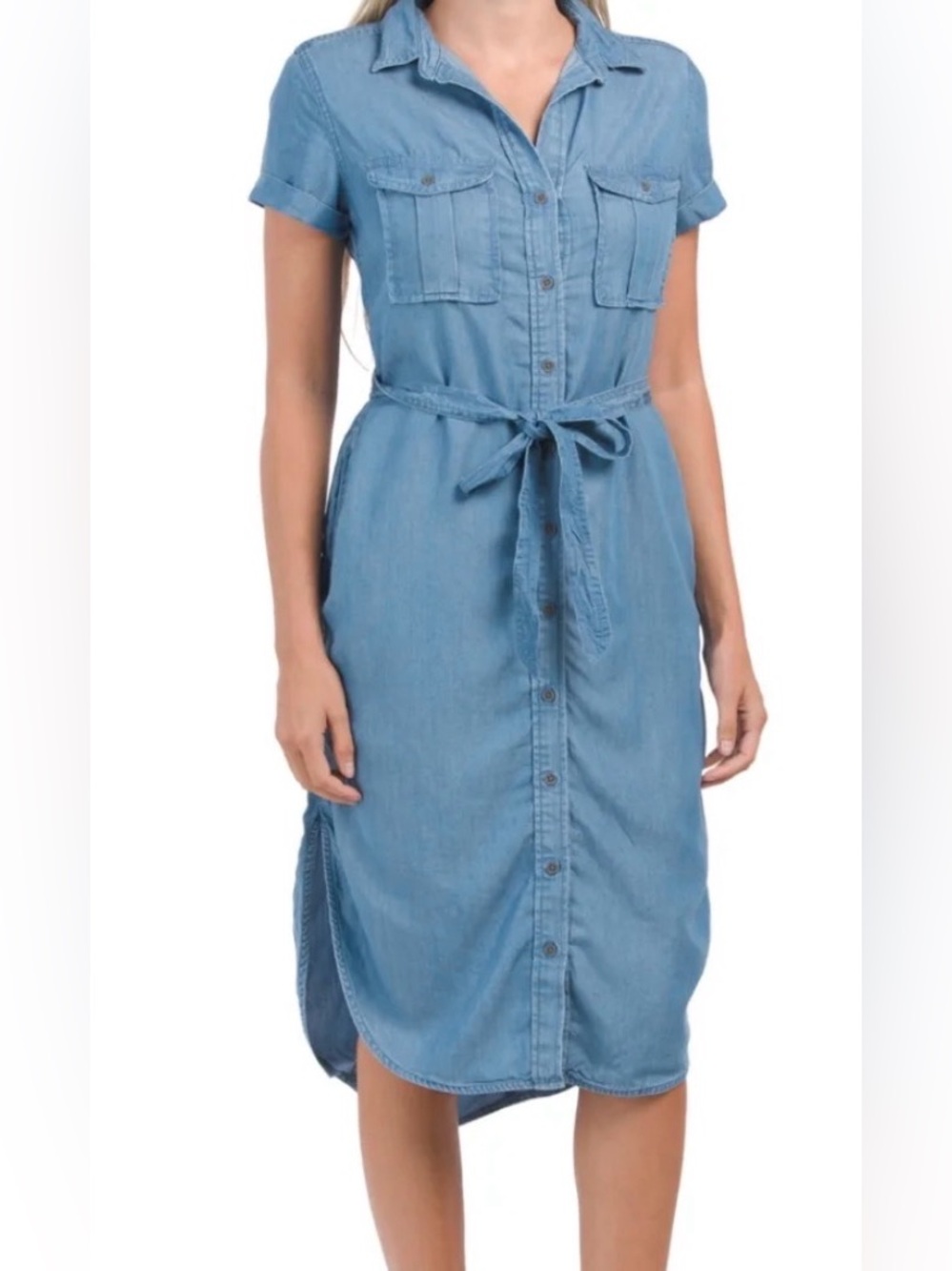 Lucky Brand shirt dress chambray 100% lyocell button front belted cottagecore M